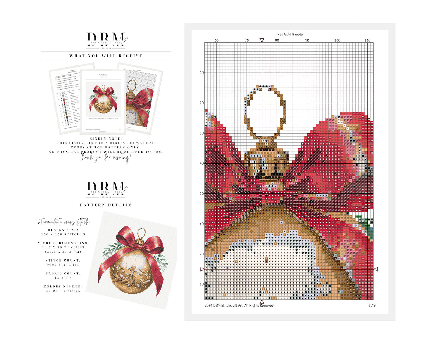Bauble Cross Stitch Patterns | Set of 4 | PDF Guide | Digital Download | Christmas Cross Stitch Wall Art | Intermediate Cross Stitch