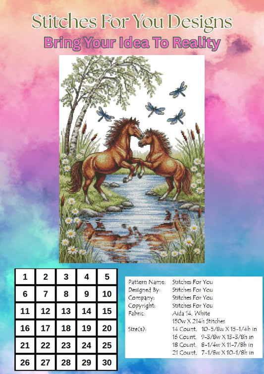 Two Horses- Counted Cross Stitch Patterns - Printable Chart PDF Format Needlework Embroidery Crafts DIY DMC color