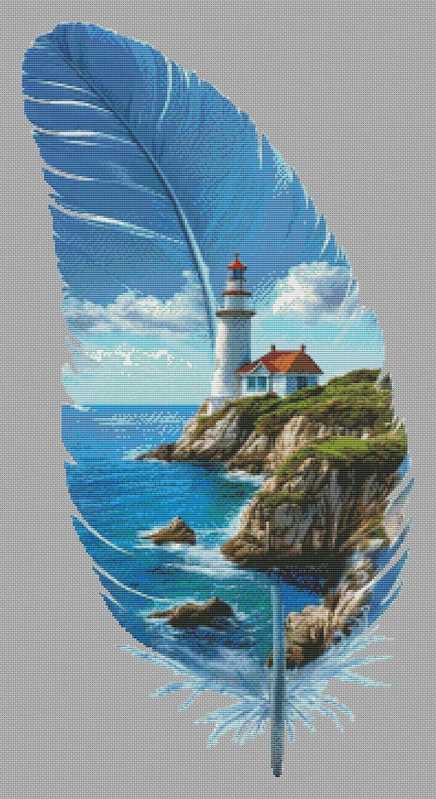 Feather Lighthouse Cross Stitch Pattern | Coastal Feather Design PDF Chart