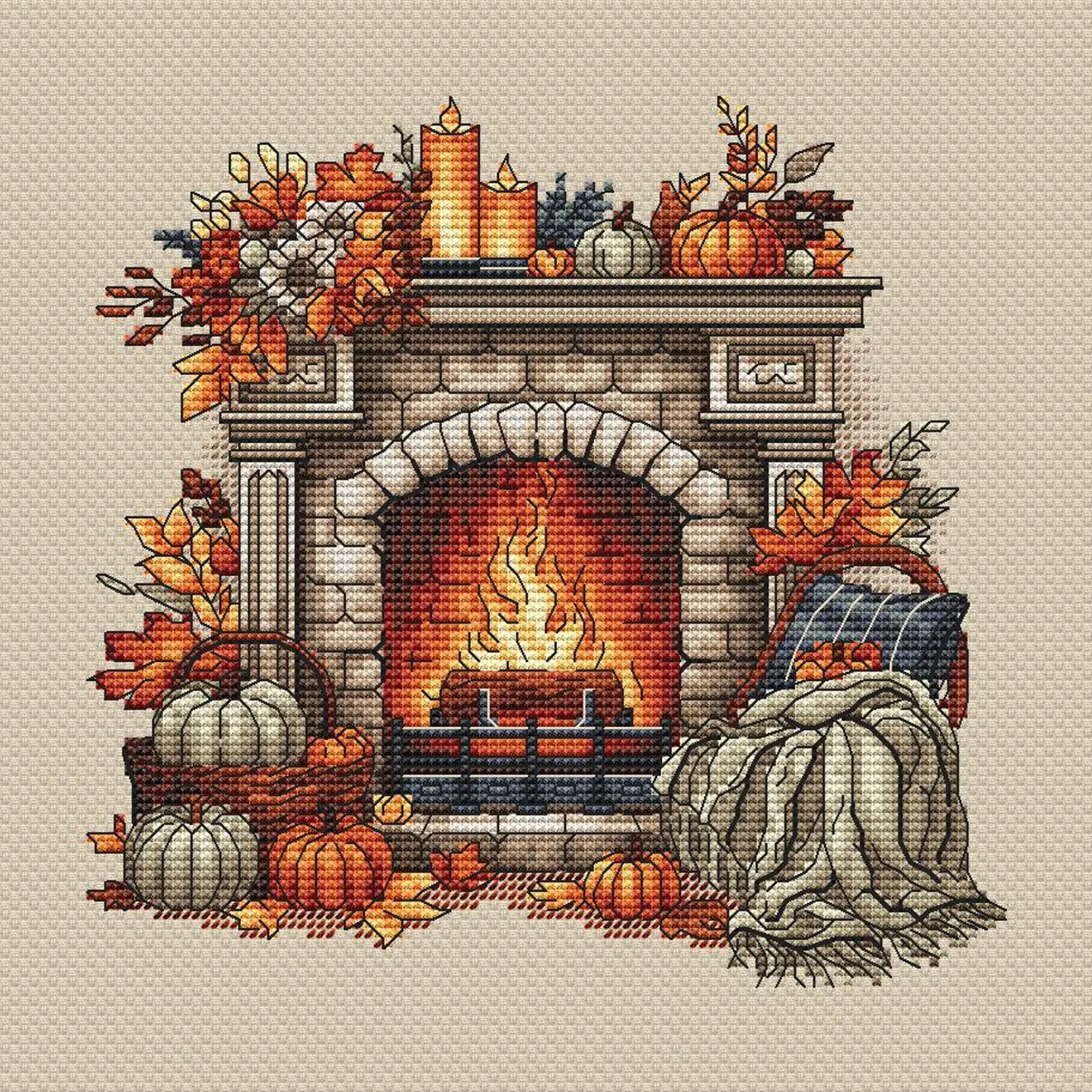 Autumn Cross Stitch Pattern PDF, Autumn Leaves Cross Stitch, Fireplace Embroidery, Autumn embroidery Counted Cross Stitch, Fall Embroidery