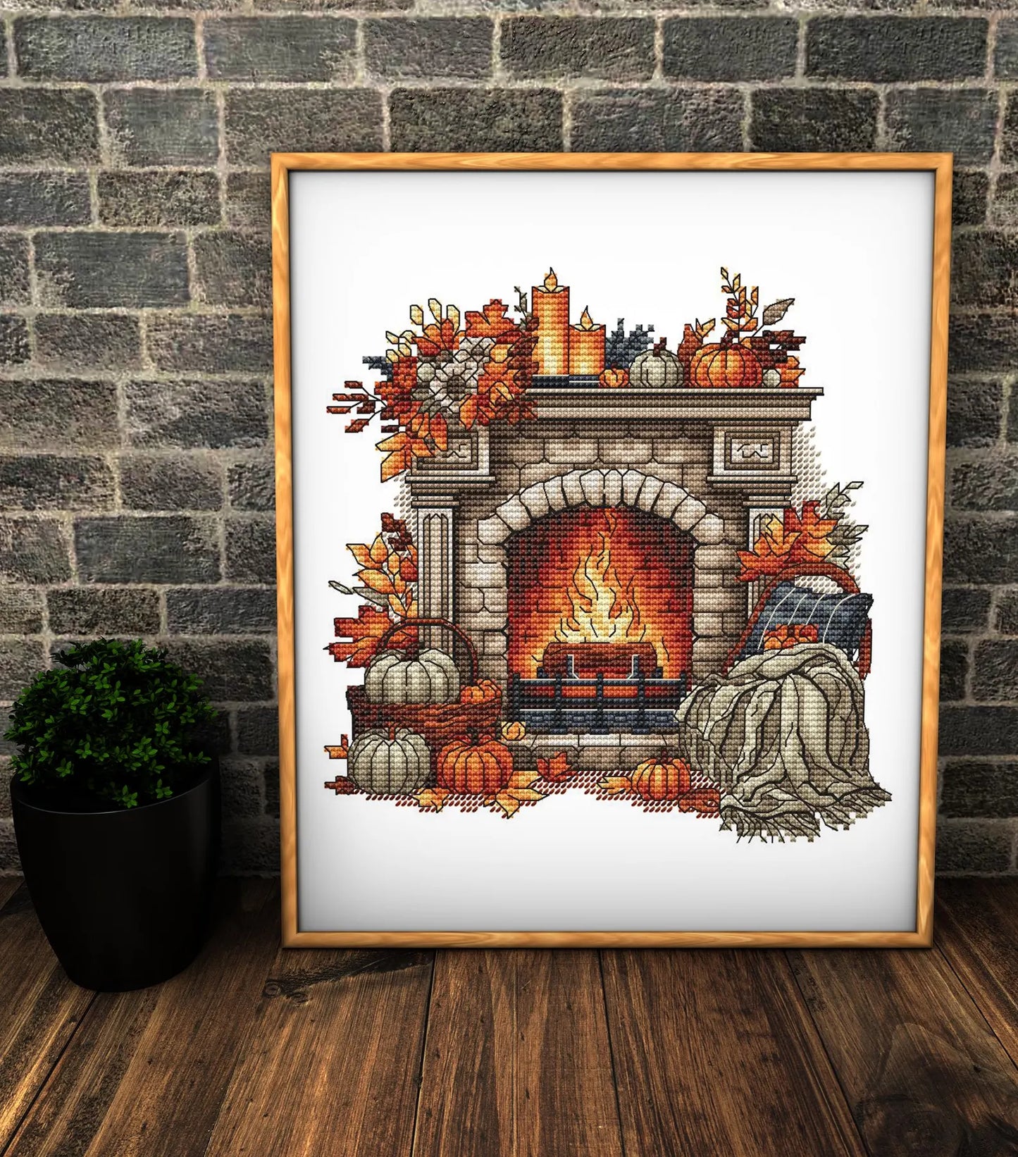 Autumn Cross Stitch Pattern PDF, Autumn Leaves Cross Stitch, Fireplace Embroidery, Autumn embroidery Counted Cross Stitch, Fall Embroidery
