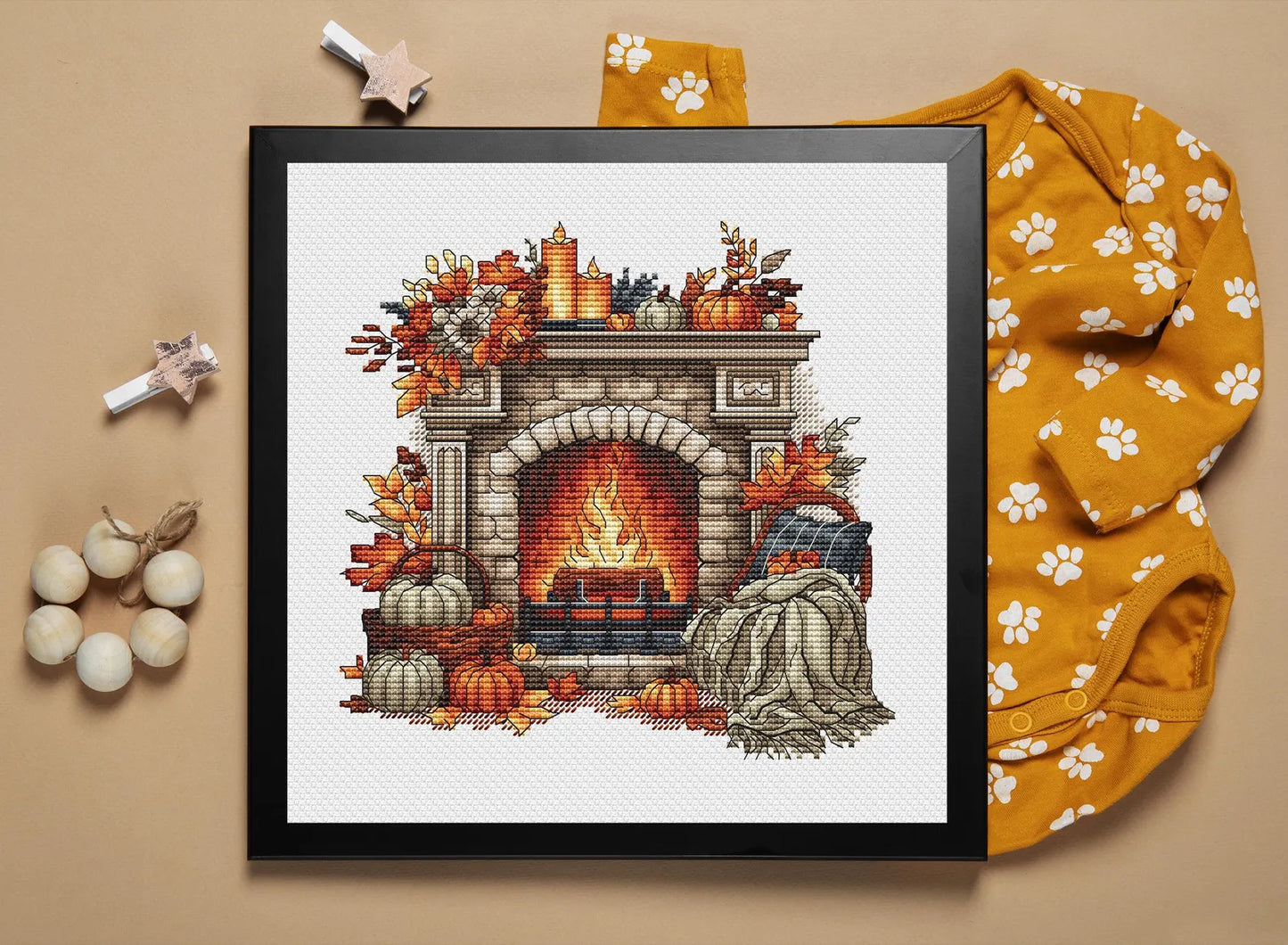 Autumn Cross Stitch Pattern PDF, Autumn Leaves Cross Stitch, Fireplace Embroidery, Autumn embroidery Counted Cross Stitch, Fall Embroidery