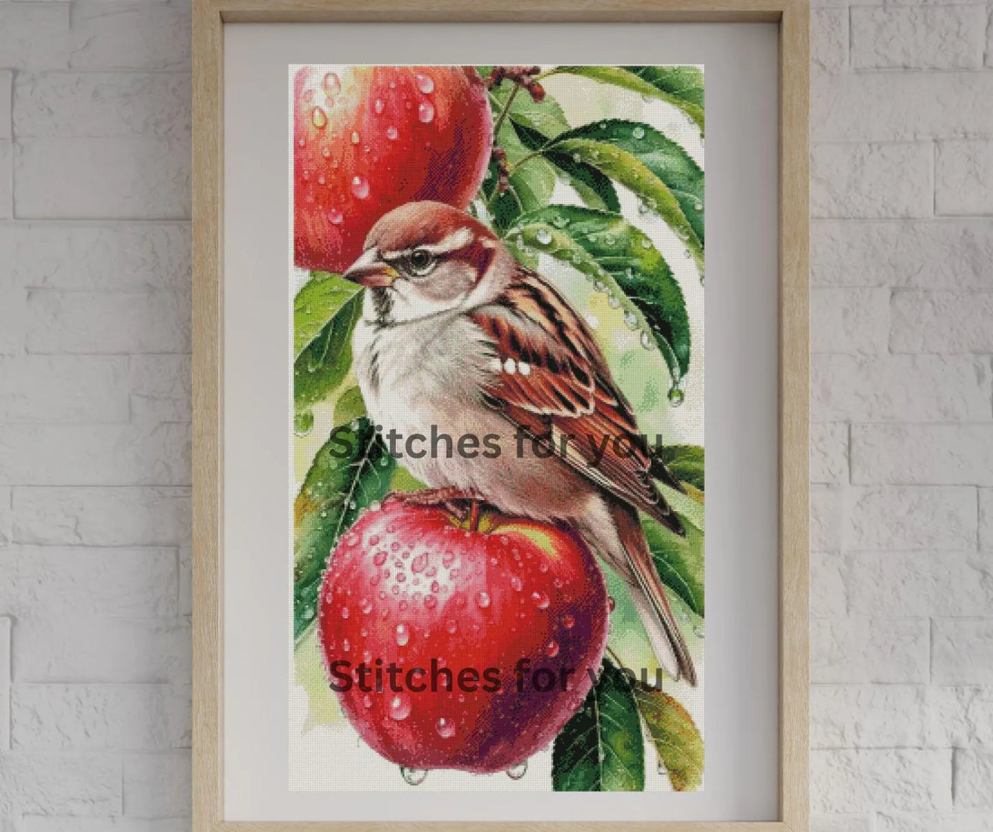 Bird with apples- Counted Cross Stitch Patterns - Printable Chart PDF Format Needlework Embroidery Crafts DIY DMC color