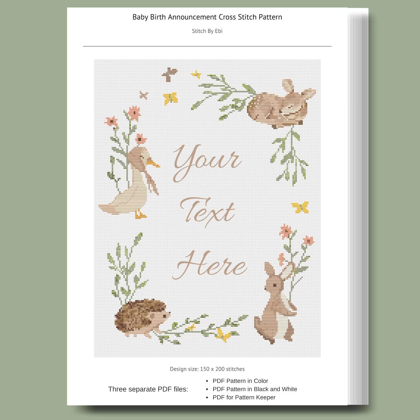 Baby Birth Announcement Cross Stitch Pattern, Customizable Floral Animal Embroidery PDF, Modern Girl Boy Nursery Decor, DIY Baby Shower Gift