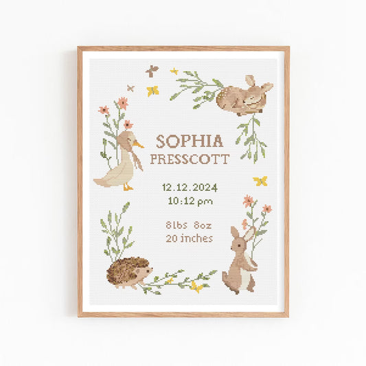 Baby Birth Announcement Cross Stitch Pattern, Customizable Floral Animal Embroidery PDF, Modern Girl Boy Nursery Decor, DIY Baby Shower Gift