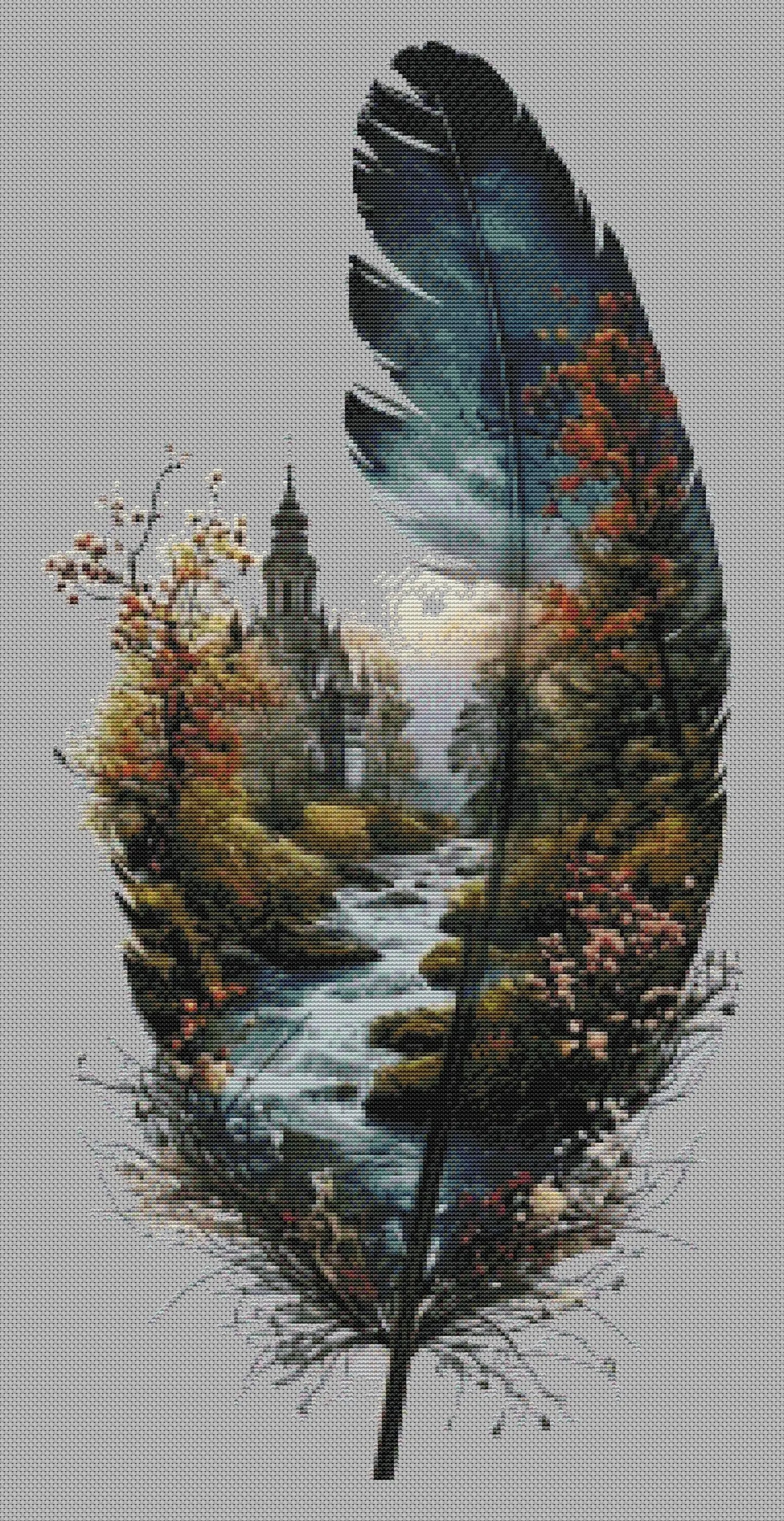 Feathers of Nature Cross Stitch Pattern PDF | Feather with Landscape | Aida 14 Count | Digital Embroidery Chart Instant Download
