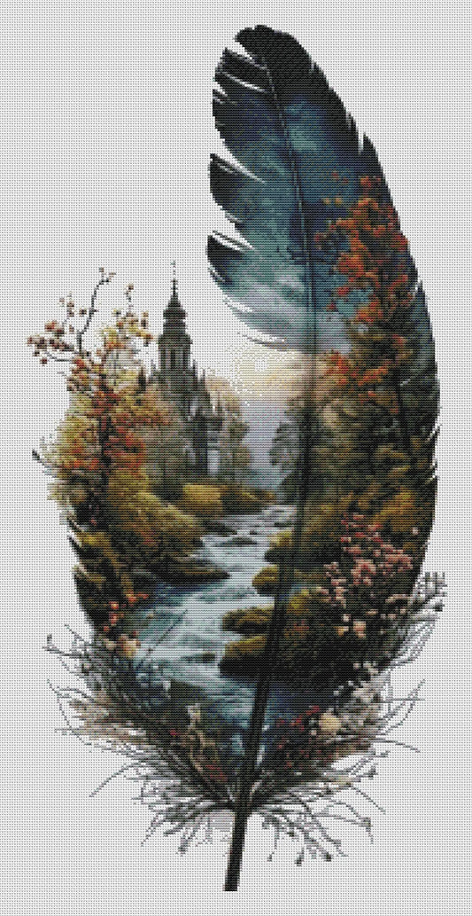 Feathers of Nature Cross Stitch Pattern PDF | Feather with Landscape | Aida 14 Count | Digital Embroidery Chart Instant Download