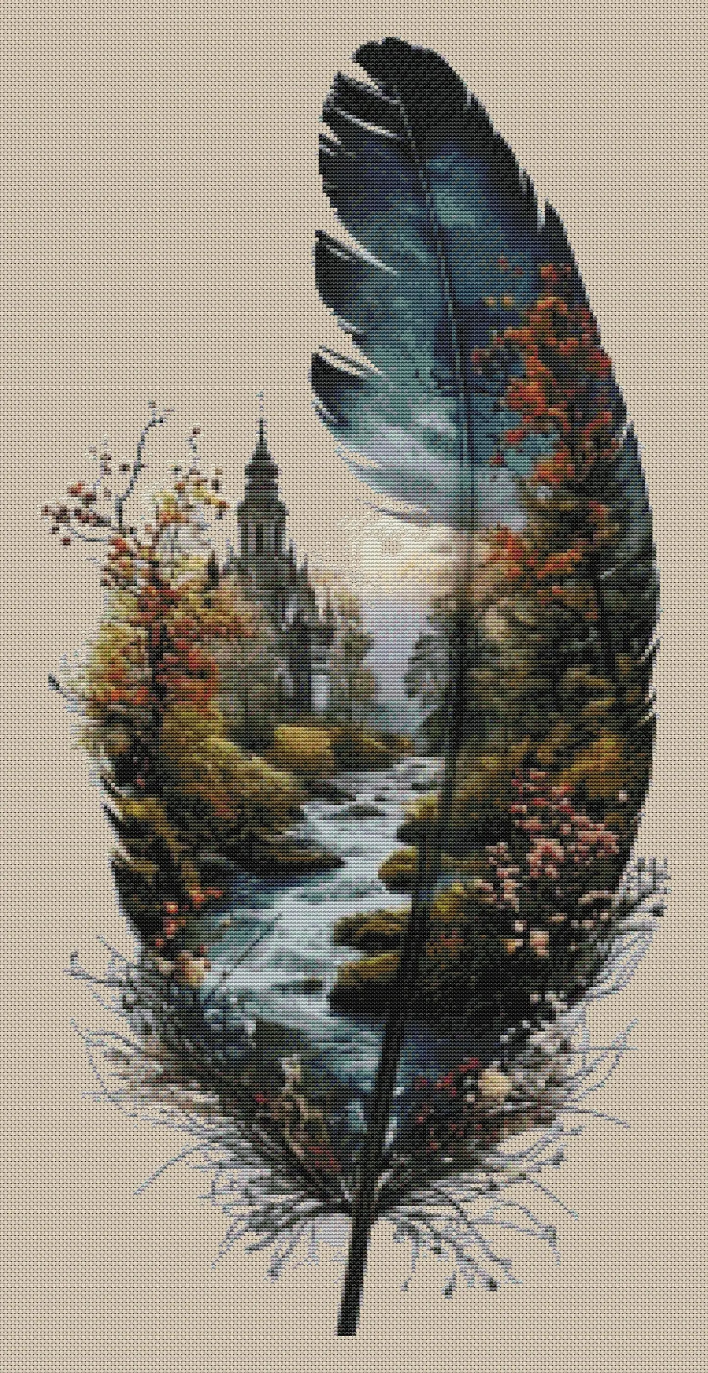 Feathers of Nature Cross Stitch Pattern PDF | Feather with Landscape | Aida 14 Count | Digital Embroidery Chart Instant Download