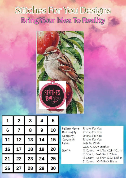 Bird with apples- Counted Cross Stitch Patterns - Printable Chart PDF Format Needlework Embroidery Crafts DIY DMC color