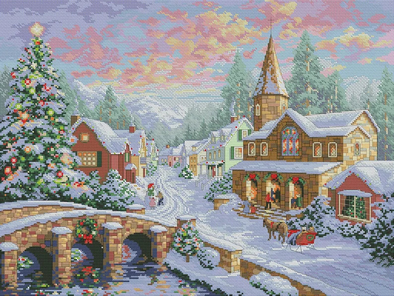 Holiday Village Counted Cross Stitch Pattern Christmas Village Winter Landscape Hand Embroidery Needlepoint Chart Cottage PDF