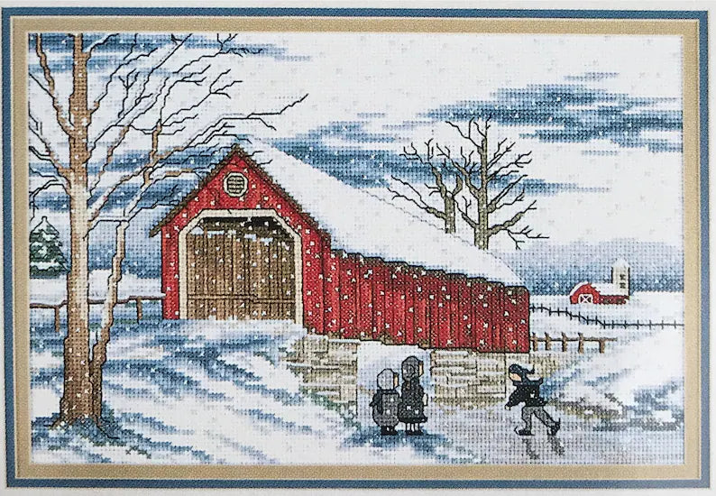 Covered Bridge seasons Counted Cross stitch pattern full color chart DMC Anchor instant download PDF river barn amish horse carriage country