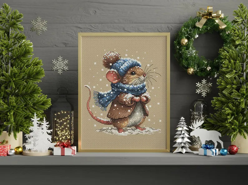 Winter Mouse Snowy Animal Cross Stitch Pattern PDF Downloadable Needlework Chart Digital Download