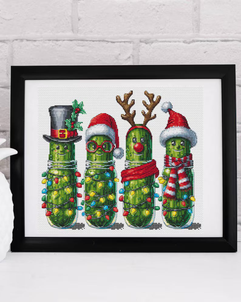 Xmas pickles cross stitch pattern, Christmas cucumbers x-stitch, funny vegetables design, cute food