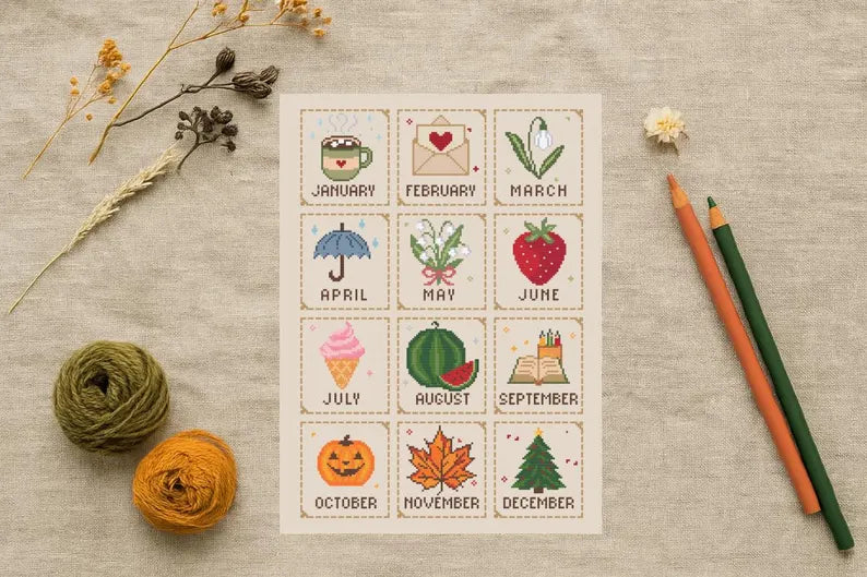 Monthly Cross Stitch Sampler Pattern PDF, 12 Months, Seasonal Motifs, Beginner