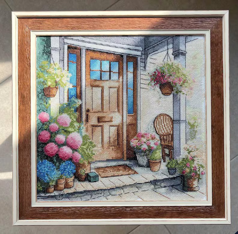 Summer Cottage Porch Cross Stitch Pattern, Cozy House Front Door with Chair modern embroidery, Hydrangea and Flowers, Instant PDF Download