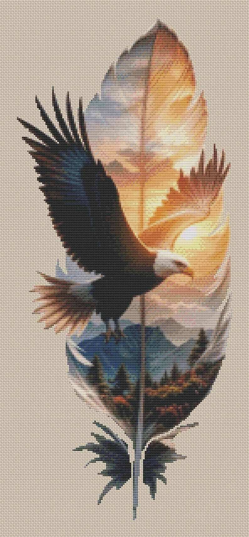 Bald Eagle in Sunset Feather Cross Stitch Pattern | Large Counted Embroidery Chart | PDF Instant Download