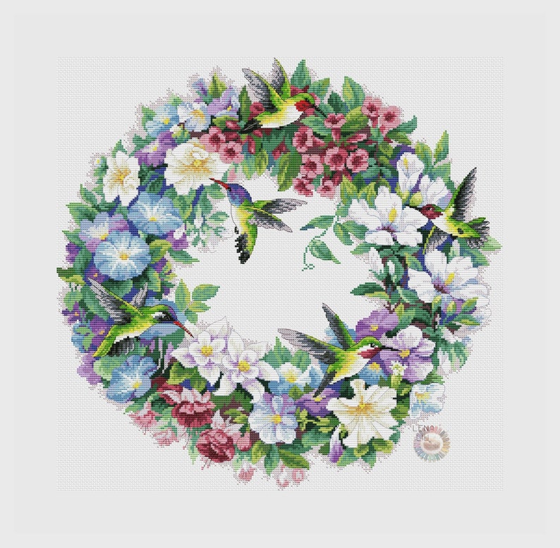 Flowers Wreath Cross Stitch Pattern Hummingbird Cross Stitch Colorful X-stitch Chart Needlepoint Pattern Printable Instant Download Design