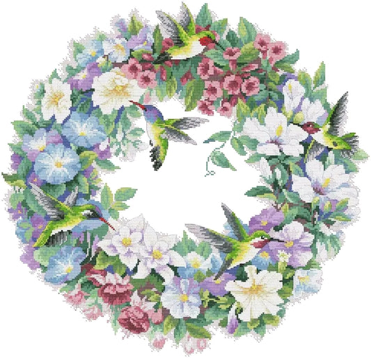 Flowers Wreath Cross Stitch Pattern Hummingbird Cross Stitch Colorful X-stitch Chart Needlepoint Pattern Printable Instant Download Design