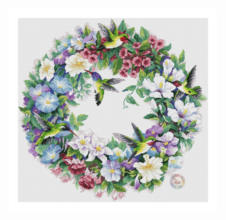Flowers Wreath Cross Stitch Pattern Hummingbird Cross Stitch Colorful X-stitch Chart Needlepoint Pattern Printable Instant Download Design