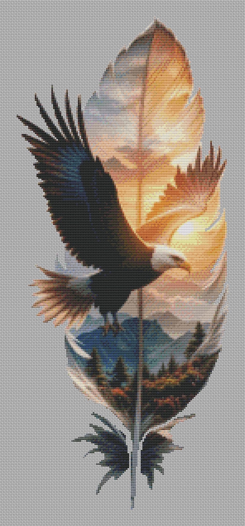 Bald Eagle in Sunset Feather Cross Stitch Pattern | Large Counted Embroidery Chart | PDF Instant Download