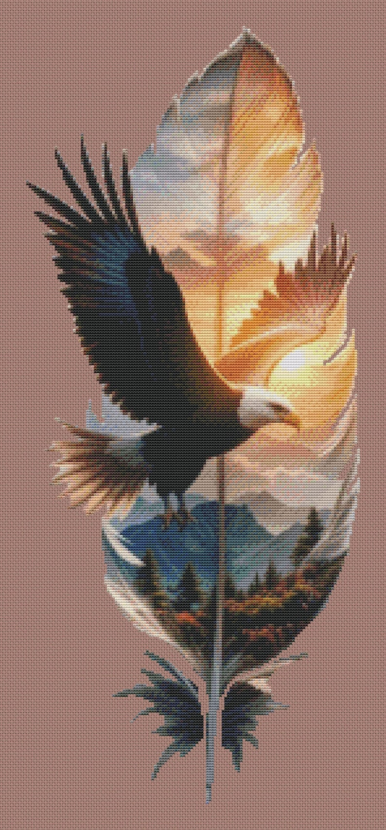 Bald Eagle in Sunset Feather Cross Stitch Pattern | Large Counted Embroidery Chart | PDF Instant Download