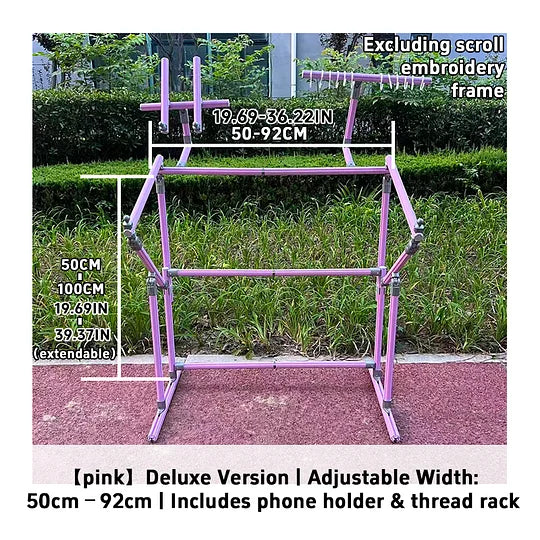 4th Gen Adjustable Cross Stitch Stand – Sturdy Aluminum Base with Height, Width & Tilt Adjustment | Phone & Thread Holder Included | Suitable for small, medium, and large scroll frames (scroll frame not included)