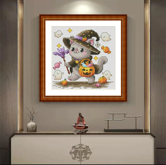 1set DIY Printed Cross Stitch Kit, 【Pumpkin Cat 1】threads embroidery