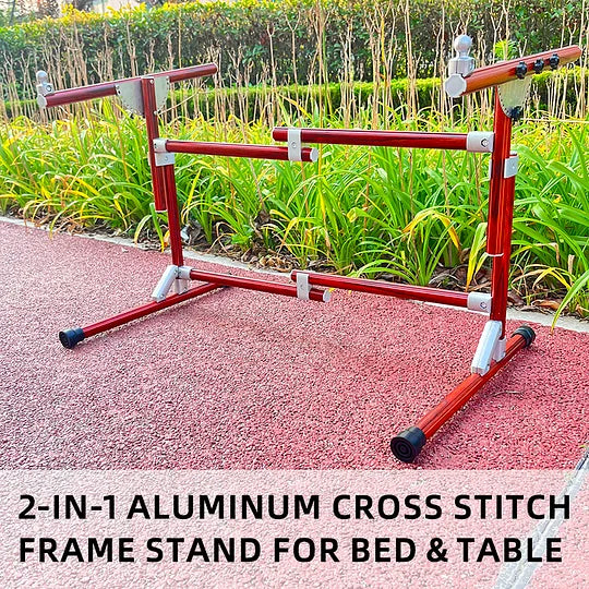 2-in-1 Aluminum Cross Stitch Frame Stand for Bed & Table – Adjustable Height 25–55cm / 9.84–21.65 inches, Width 42–80cm / 16.54–31.50 inches, 180° Rotating Scissors Holder