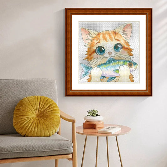 1set DIY Printed Cross Stitch Kit, Kitten eating fish】