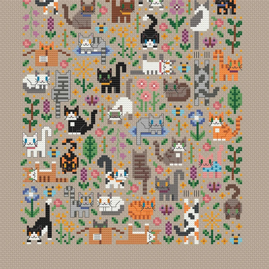 Cat Garden Cross Stitch Pattern, Cute Kitties PDF Chart (Digital Download)
