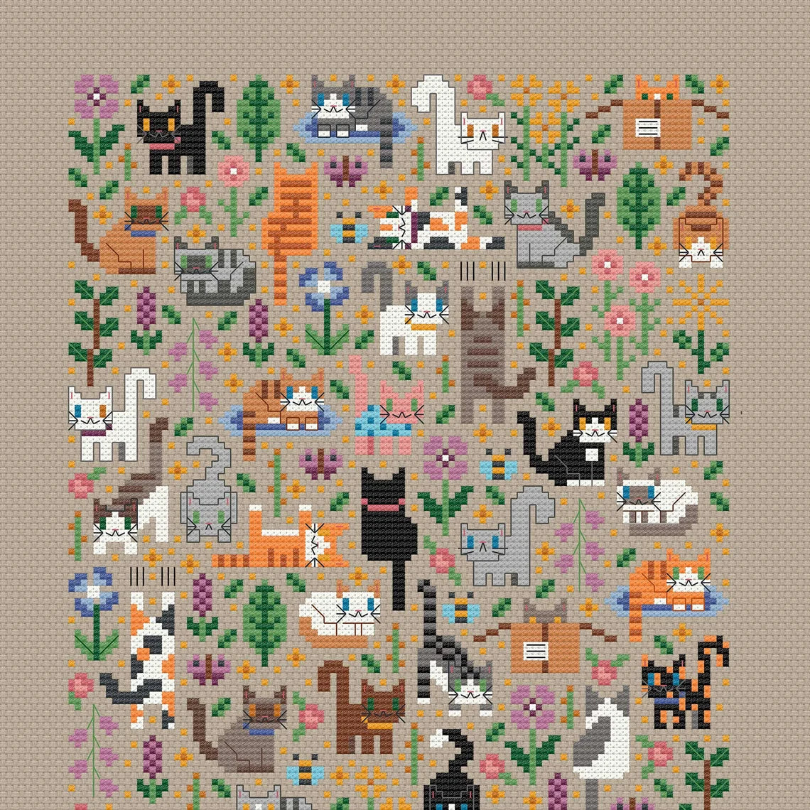 Cat Garden Cross Stitch Pattern, Cute Kitties PDF Chart (Digital Download)