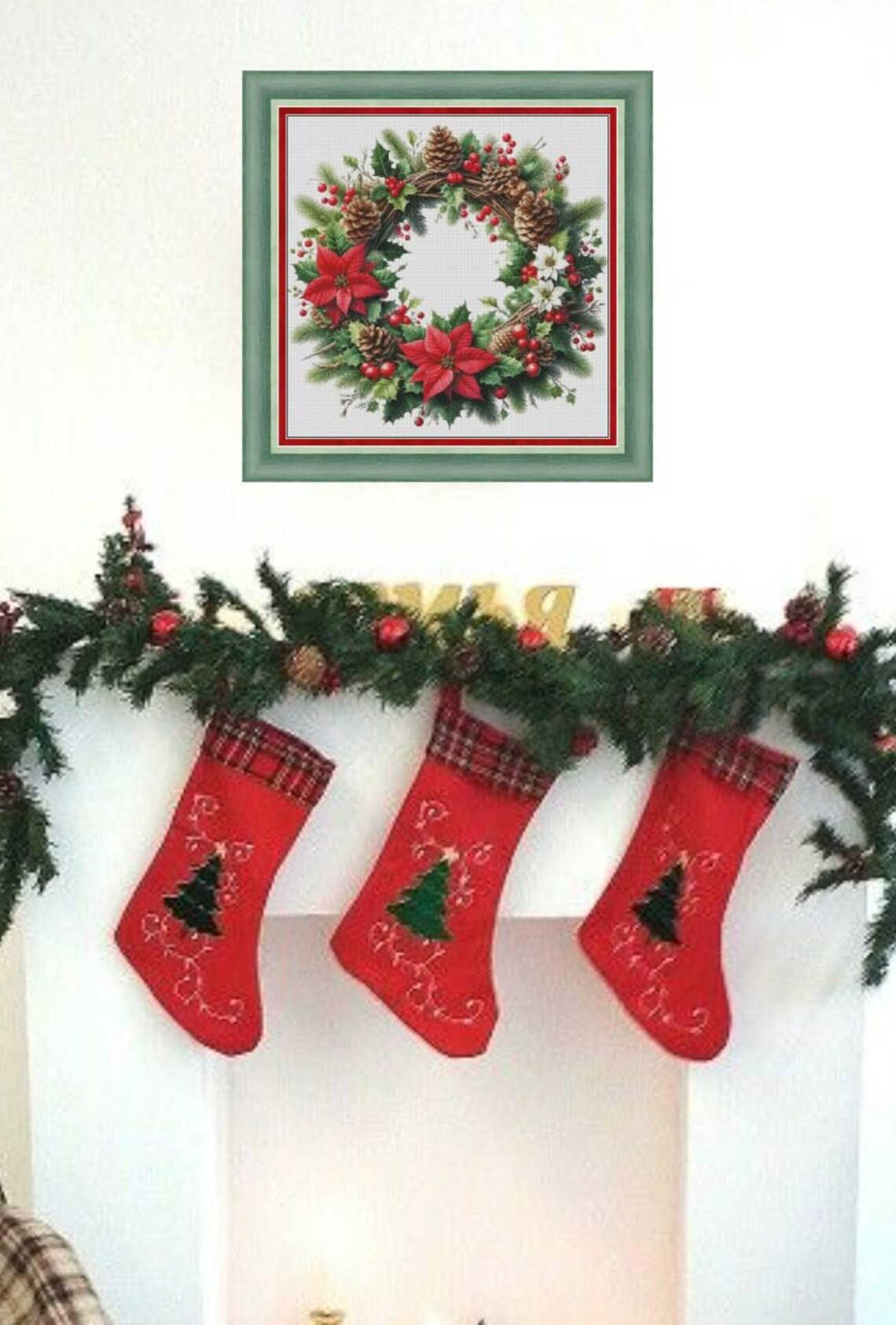 Christmas wreath cross stitch pattern, Poinsettia X-stitch, Xmas flower decor PDF digital