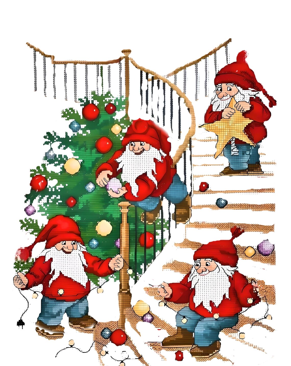 Santa on Staircase Cross Stitch - Advent Calendar - Digital Holiday Pattern