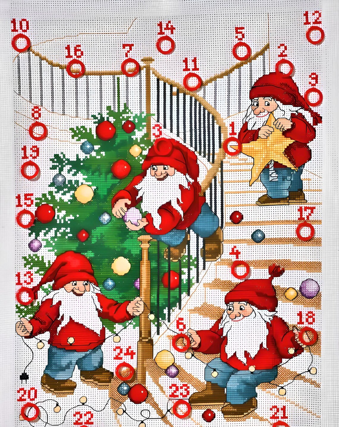 Santa on Staircase Cross Stitch - Advent Calendar - Digital Holiday Pattern