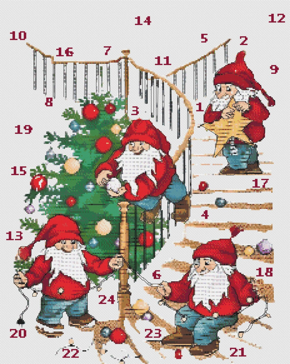 Santa on Staircase Cross Stitch - Advent Calendar - Digital Holiday Pattern