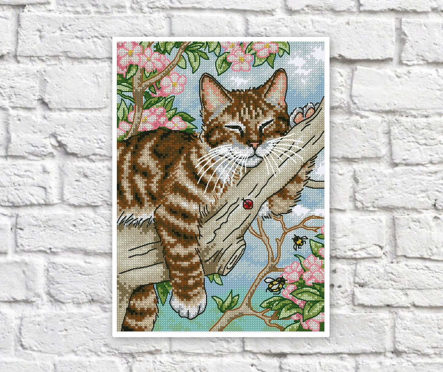 Cat on Tree Cross Stitch Pattern Colorful Art DIY X-stitch Needlepoint Pattern Embroidery Chart Printable PDF Instant Download Design Decor