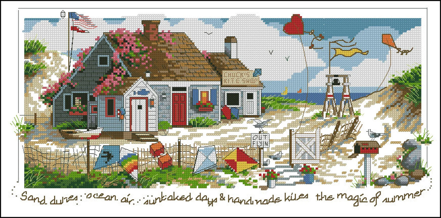 Summer Cross Stitch Pattern Beach House Colorful Chart Needlepoint Pattern Embroidery Chart Printable PDF Instant Download Design Decor