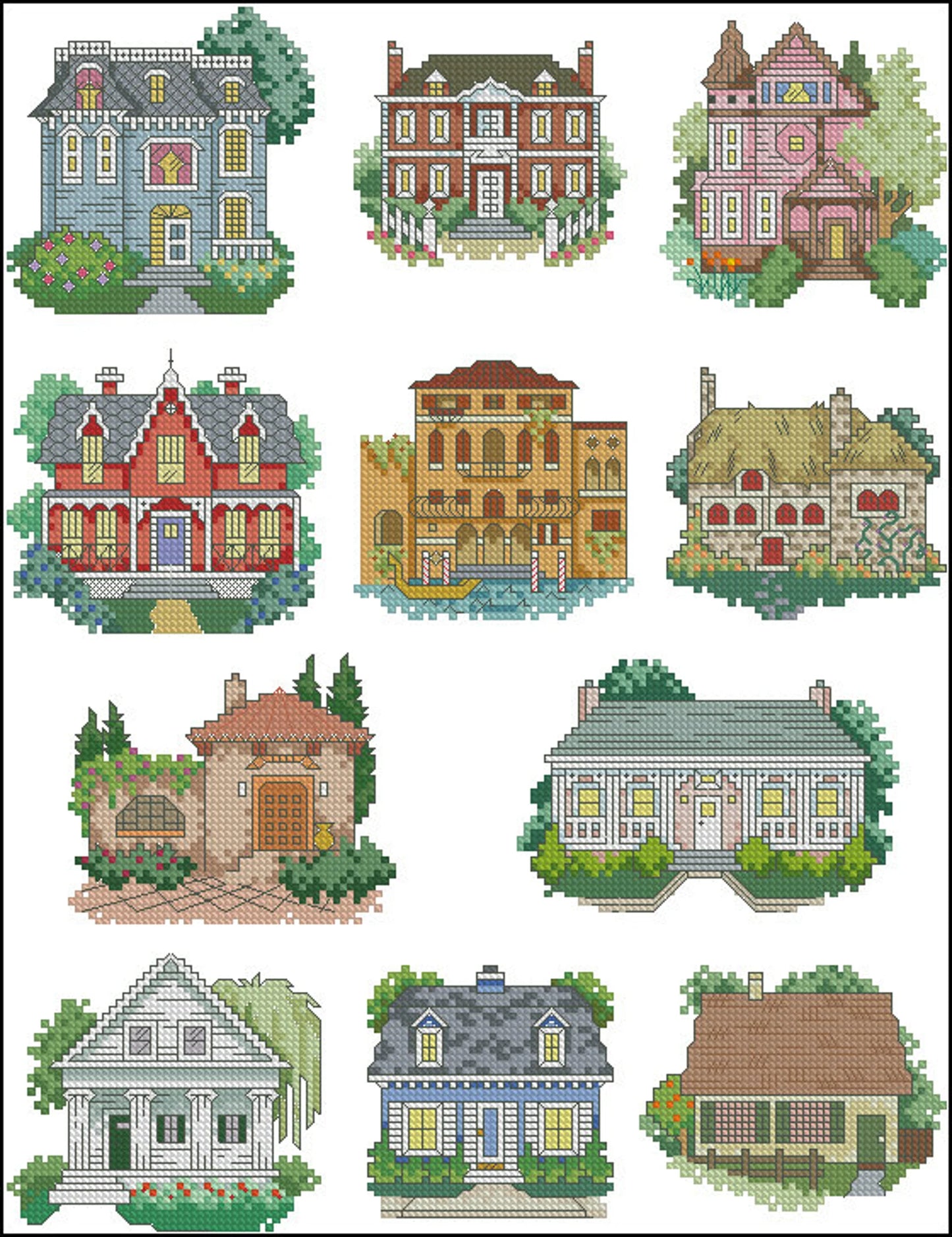 Small Houses Cross Stitch Pattern Cottage Cross Stitch Set of 3 Counted PDF Chart Needlepoint Embroidery Download