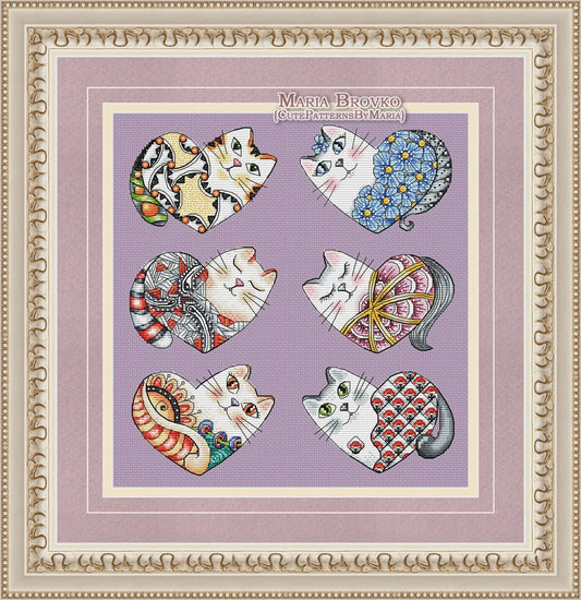 Cross Stitch Pattern Valentine Cats 6-piece Set DMC Chart Embroidery Printable PDF Instant Download