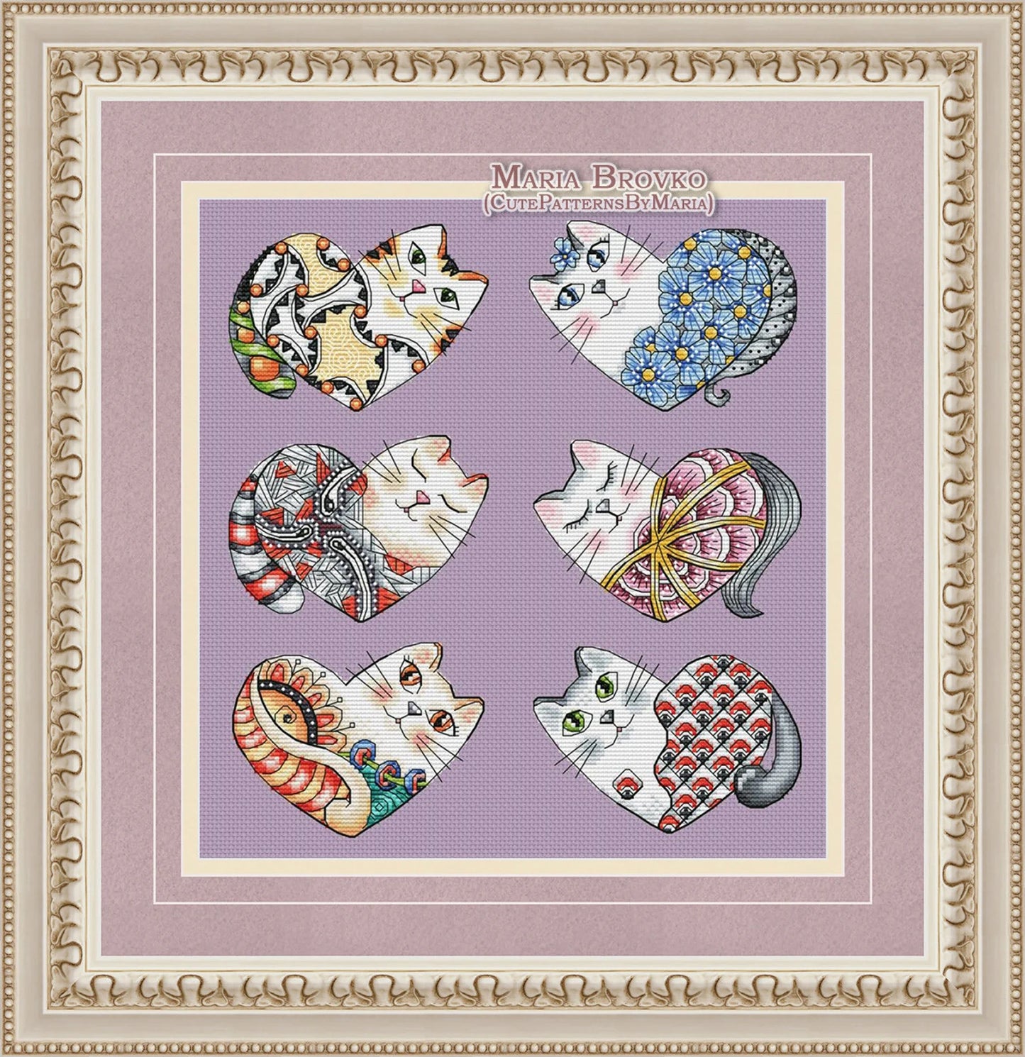Cross Stitch Pattern Valentine Cats 6-piece Set DMC Chart Embroidery Printable PDF Instant Download