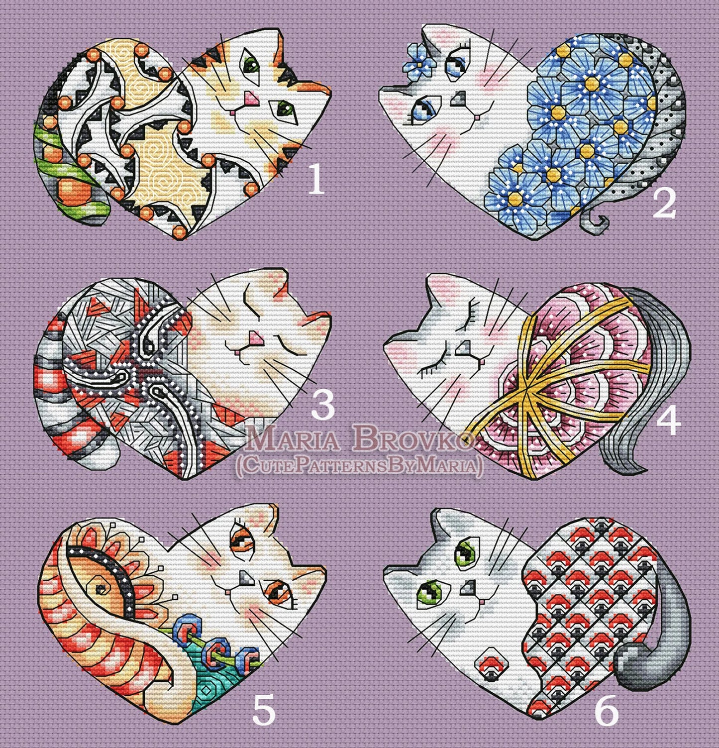 Cross Stitch Pattern Valentine Cats 6-piece Set DMC Chart Embroidery Printable PDF Instant Download