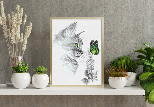 Kitten with butterfly - digital cross stitch pattern, pdf,.hks- smartphone pattern,instant download pattern.