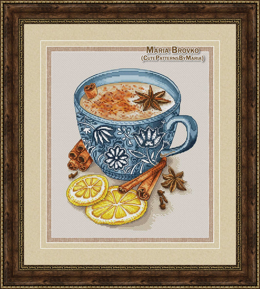 Cross Stitch Pattern Tea with milk and cinnamon DMC Chart Embroidery Printable PDF Instant Download