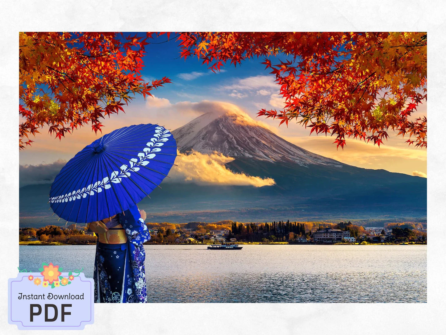 Geisha Cross Stitch Pattern , Instant Download , Digital File , Mount Fuji , Autumnal Forest, Japanese X Stitch Chart