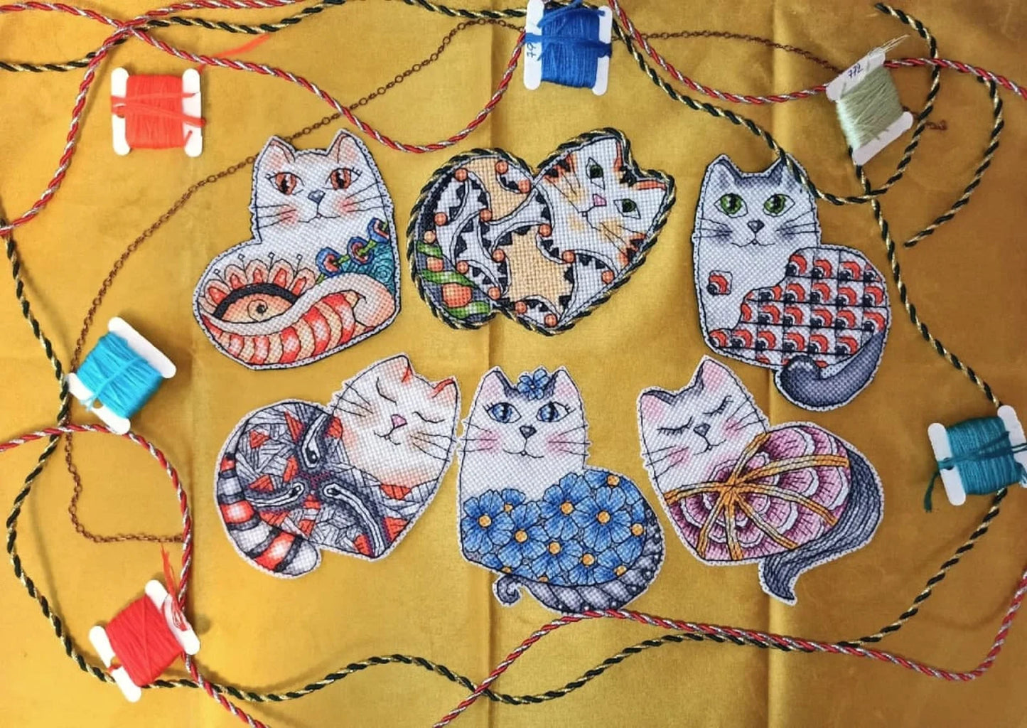 Cross Stitch Pattern Valentine Cats 6-piece Set DMC Chart Embroidery Printable PDF Instant Download