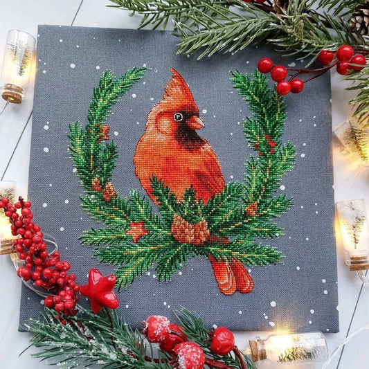 Cross Stitch Christmas Decor Spruce wreath with cardinal DMC Chart Printable PDF Instant Download