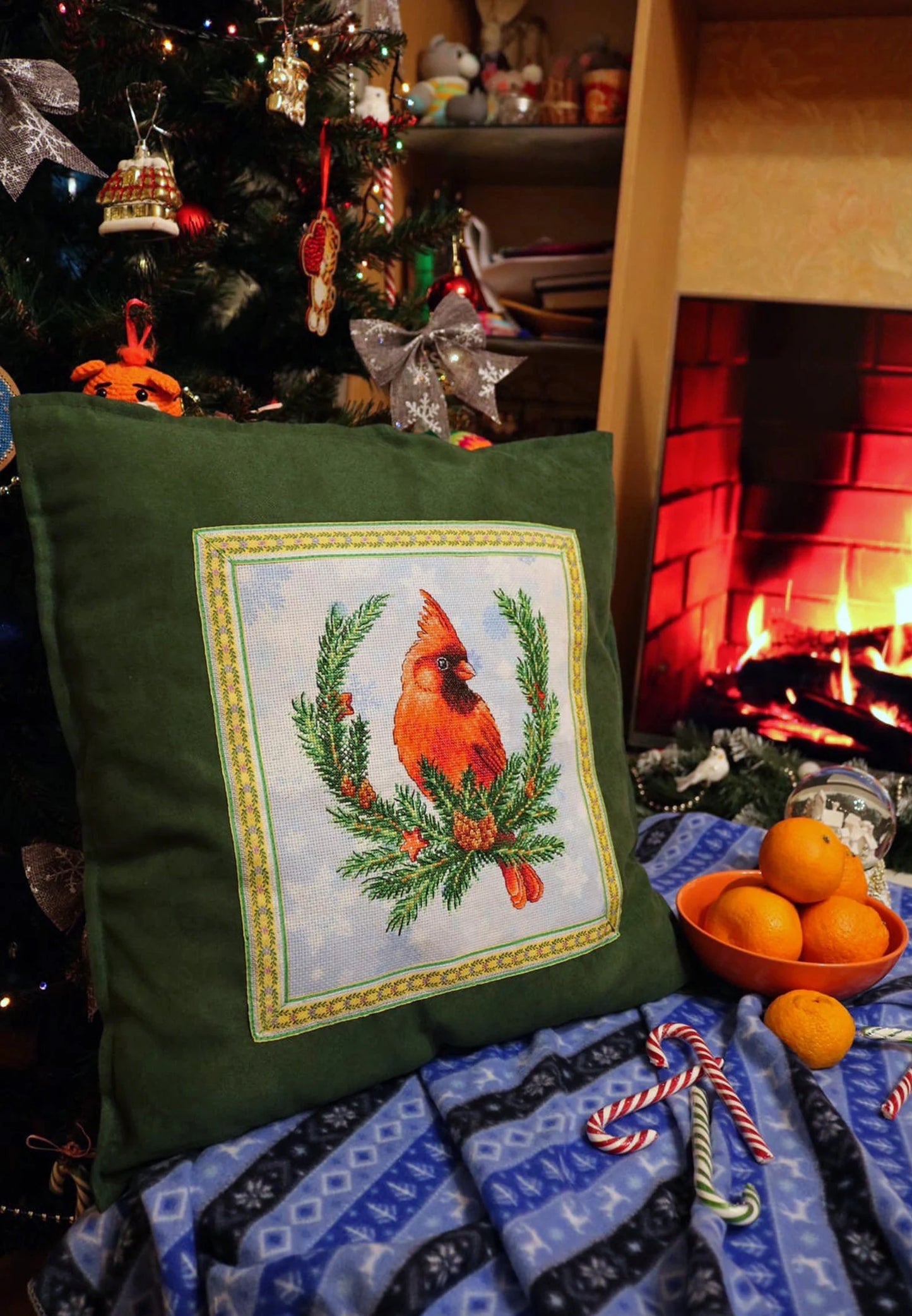 Cross Stitch Christmas Decor Spruce wreath with cardinal DMC Chart Printable PDF Instant Download