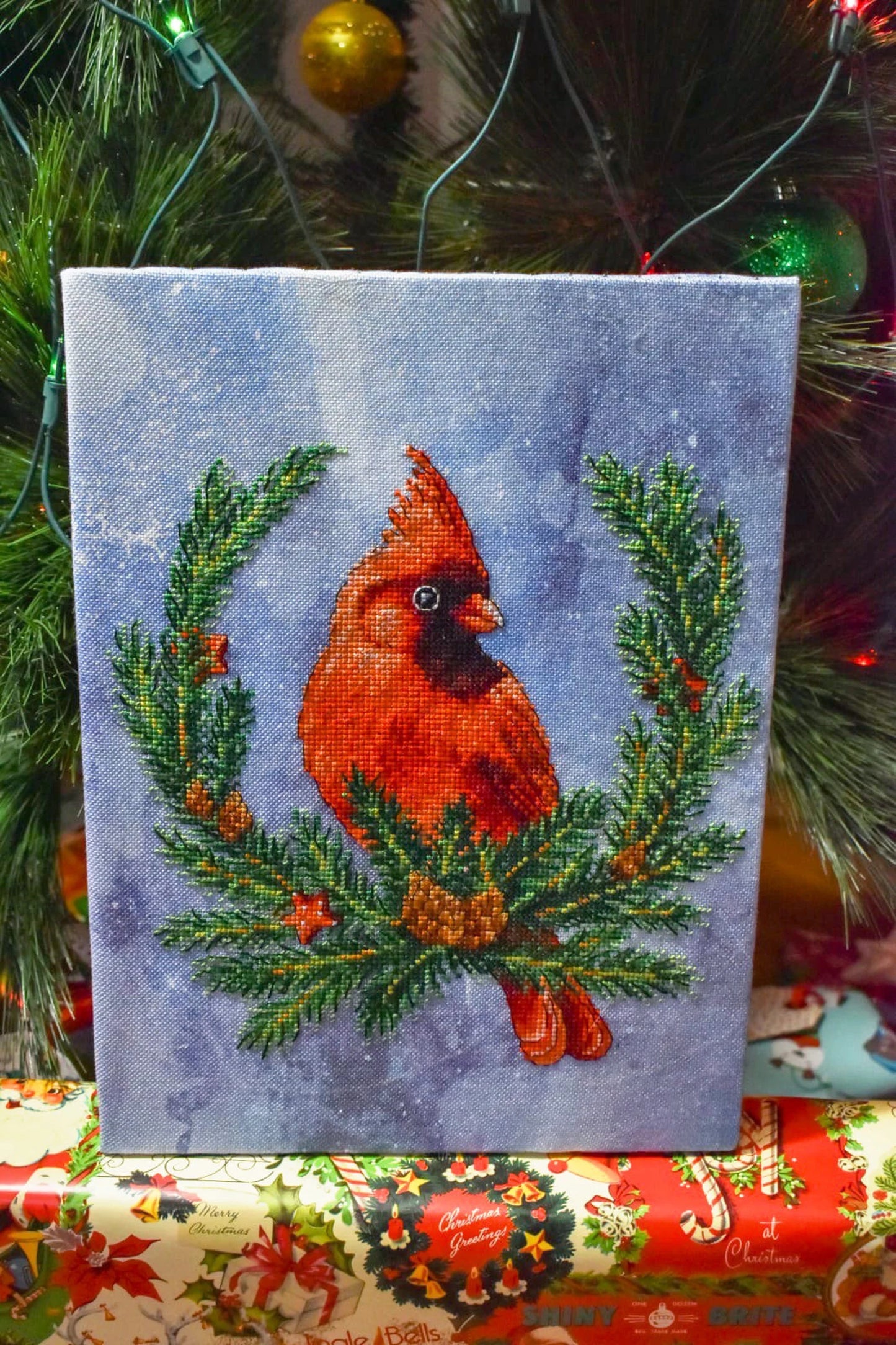 Cross Stitch Christmas Decor Spruce wreath with cardinal DMC Chart Printable PDF Instant Download