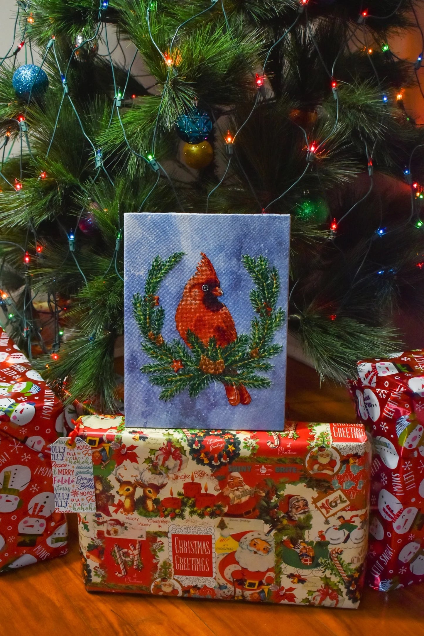 Cross Stitch Christmas Decor Spruce wreath with cardinal DMC Chart Printable PDF Instant Download