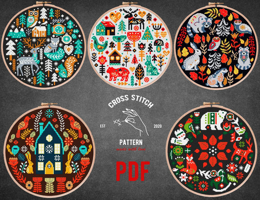 SET OF 5 Scandinavian cross stitch pattern Nordic cross stitch Advent calendar embroidery Christmas ornament Folk theme Holiday home decor